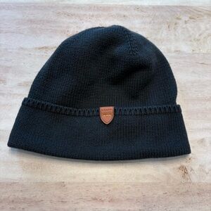 Coach Black Knit Beanie with Brown Leather Shield Logo